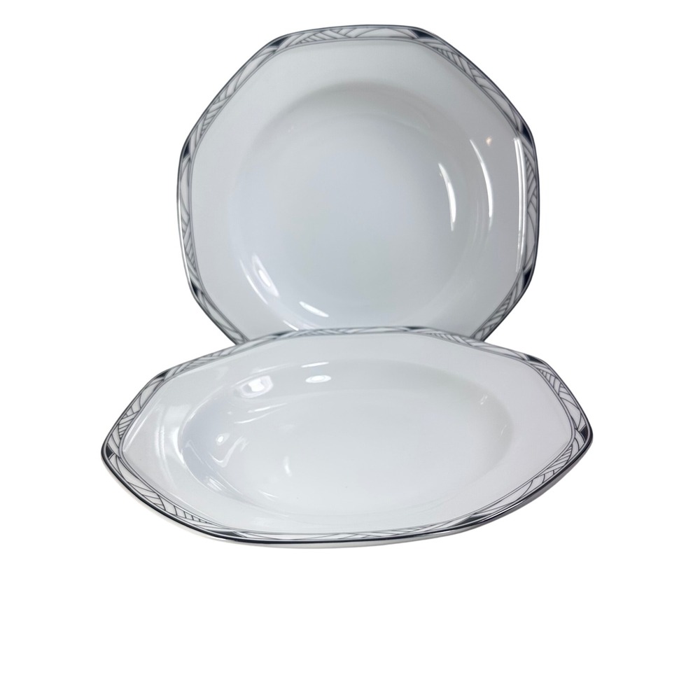 Studio Nova Synthesis Y0031 Rimmed Soup Bowls Set of 2 Octagonal White‎ Black 9"
